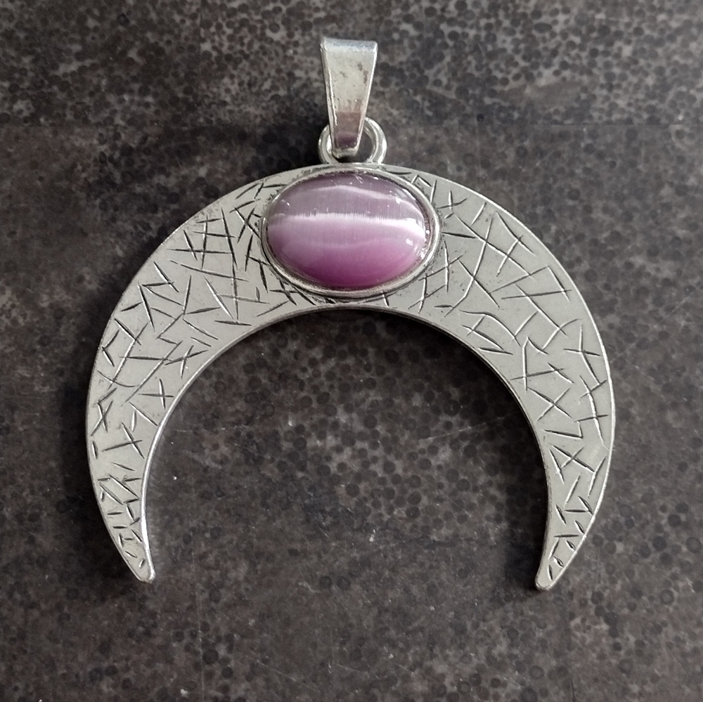 Silver Crescent Pendant with Purple Cats Eye Gemstone